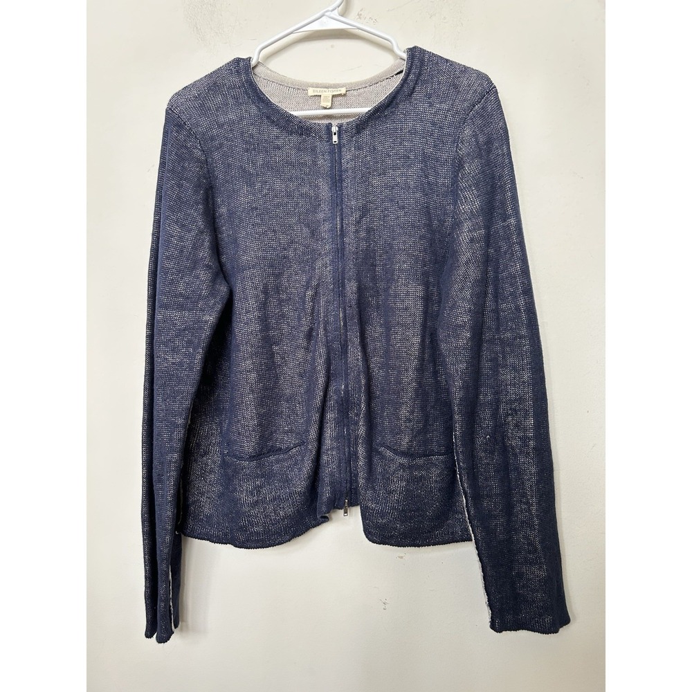 Eileen Fisher Navy Organic Linen Full Zip Cardigan‎ Jacket Sweater Minimalist L